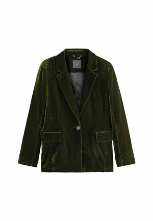 Mörkgrön sammet blazer med ficklappar, en knappstängning och två framfickor. Mjuk textur och strukturerad form.