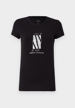 T-shirt nera a maniche corte in cotone, con una grafica bianca che presenta il testo e il logo "Armani Exchange" al centro.