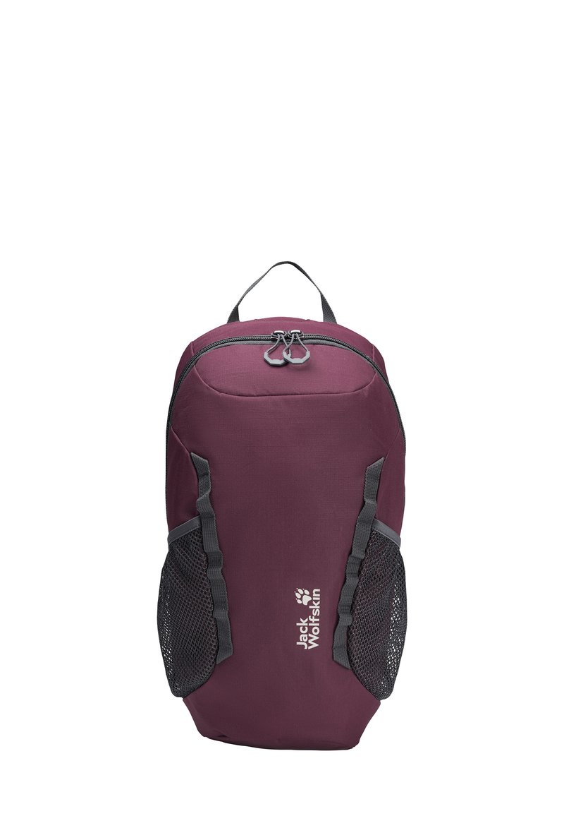 Bordeauxfarbene Rucksack aus robustem Material, mit elegantem Design, zwei Reißverschlussfächern und seitlichen Netzfächern. Logo auf der Vorderseite angebracht.