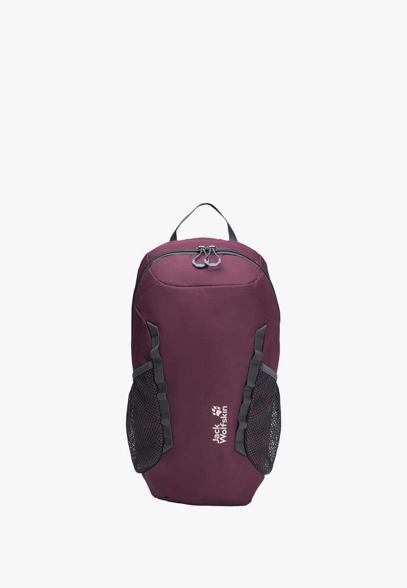 Maroon backpack made of durable fabric, featuring a curved design, dual zippered compartments, and mesh side pockets. Logo displayed on front.