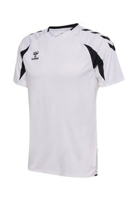 Weißes kurzärmeliges Sportshirt mit schwarzen Akzenten auf Schultern und Ärmeln, mit einem kleinen "hummel"-Logo auf der Brust.