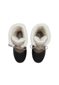 Botas de goma negras con un upper de cuero marrón y un forro de lana blanca, que cuentan con cordones y un diseño de punta redonda.