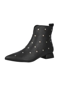 Botas de tobillo de imitación cuero negro con punta afilada, adornadas con tachuelas plateadas en la parte superior y con un bajo tacón cuadrado.