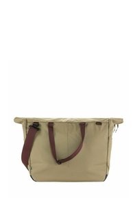 Beige schoudertas gemaakt van duurzaam materiaal, met twee bordeauxrode handvatten, een bovenste ritssluiting en een rechthoekige vorm met een oprol ontwerp.