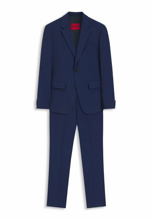 Marineblauer zweiteiliger Herrenanzug mit Sakko mit Kerbkragen, zwei aufgesetzten Taschen vorne und passenden, geraden Hosen.