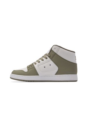 High-top sneakers featuring a white and olive green color scheme, smooth leather material, lace-up design, and rubber sole with rounded toe.