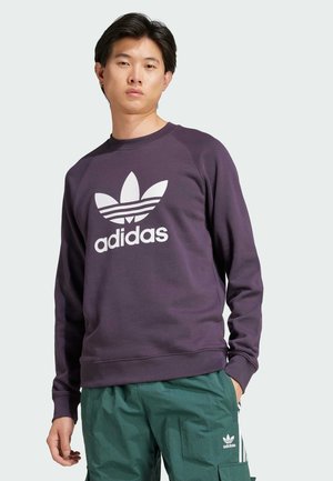 Purple sweatshirt with a white Adidas trefoil logo and three stripes design. Features a crew neckline and raglan sleeves.