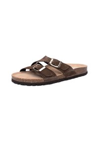 Brown suede sandal with two adjustable buckles, a contoured cork footbed, and a textured black rubber sole. Flat profile, open-toe design.