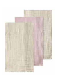 Three cotton muslin cloths: one cream, one light pink, and one pale pink with a grid pattern. Soft texture with a slightly crinkled finish.