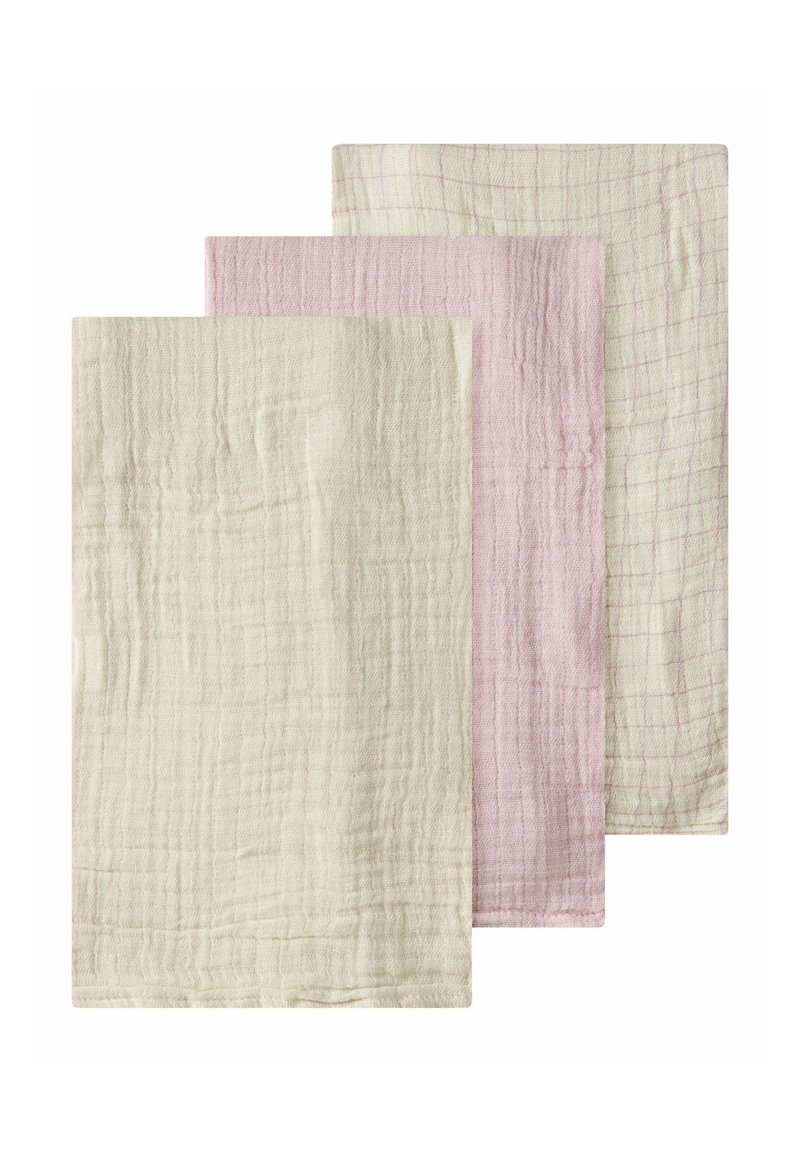 Three cotton muslin cloths: one cream, one light pink, and one pale pink with a grid pattern. Soft texture with a slightly crinkled finish.