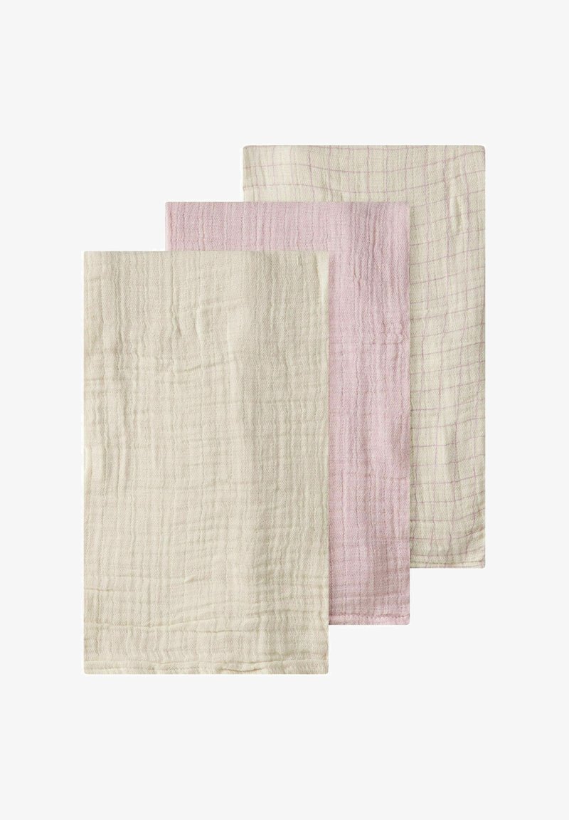 Three cotton muslin cloths: one cream, one light pink, and one pale pink with a grid pattern. Soft texture with a slightly crinkled finish.