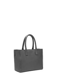 Graue Ledertasche mit zwei stabilen Griffen, rechteckiger Form und klaren Linien. Sie hat eine glatte Textur mit dezenten Nähakzenten.
