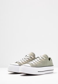 Green canvas sneakers featuring white rubber soles, gold eyelets, and a black stripe. Low-top design with rounded toes and textured fabric.