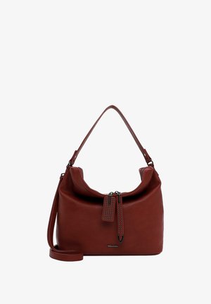 Rote Lederhandtasche mit einem weichen, lässigen Design, ausgestattet mit zwei Reißverschlüssen mit Nietenakzenten und einem abnehmbaren Schultergurt.