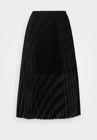 Black pleated skirt made of lightweight fabric, features an elastic waistband, with vertical stripes created by alternating textures.