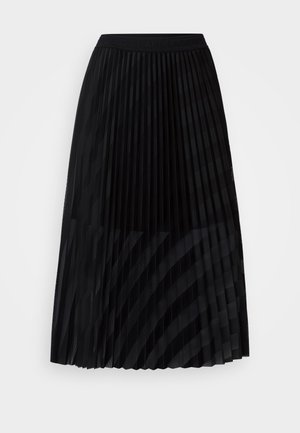 Black pleated skirt made of lightweight fabric, features an elastic waistband, with vertical stripes created by alternating textures.