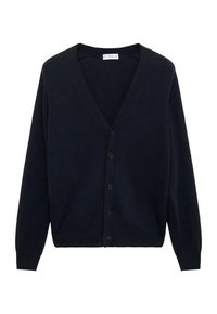 Tmavě modrý kardigan vyrobený z měkké látky, s výstřihem do V, dlouhými rukávy a pěti knoflíky na zapínání, s žebrovanými lemy.
