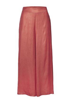 Pantaloni a gamba larga in un morbido tessuto color corallo chiaro. Caratterizzati da una cintura liscia, un design fluido e una leggera lucentezza. Nessun motivo o hardware visibile.