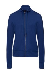 Chaqueta azul con cremallera y alto cuello, de mangas largas y con cordón ajustable. Cuenta con una cremallera frontal y puños y dobladillo acanalados. Textura de tela suave.