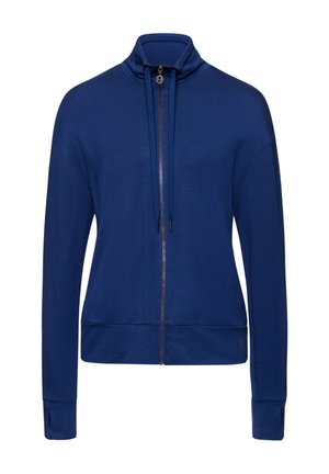 Giacca blu con zip, colletto alto, maniche lunghe e coulisse. Presenta una zip frontale e polsini e orlo ribattuti. Tessuto morbido al tatto.