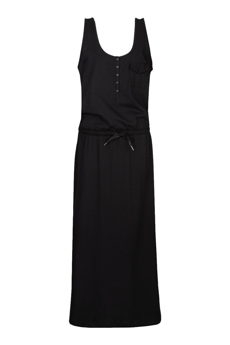 Schwarzes ärmelloses Kleid mit Rundhalsausschnitt, Knopfdetails an der Vorderseite, einer kleinen Tasche und einem elastischen Kordelzug in der Taille. Langes, einfarbiges Design.