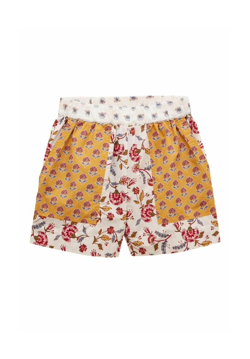 Floral patterned shorts featuring a mix of yellow and white fabric with red and blue floral designs. Elastic waistband for comfort.