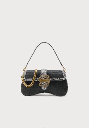 Black woven handbag with snake print trim, gold chain detail, and a gold snake-shaped clasp engraved with "Just Cavalli."