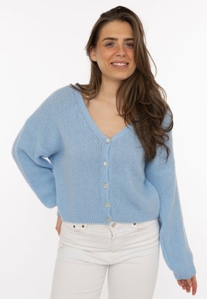Young woman with long brown hair wearing a light blue buttoned cardigan and white pants, smiling with one hand on her hip.