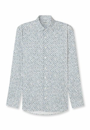Langärmeliges Hemd in Hellblau und Weiß mit floralem Muster. Button-Down-Kragen, gerader Saum und dezente Textur im gesamten Stoff.