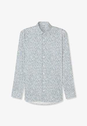 Langärmeliges Hemd in Hellblau und Weiß mit floralem Muster. Button-Down-Kragen, gerader Saum und dezente Textur im gesamten Stoff.