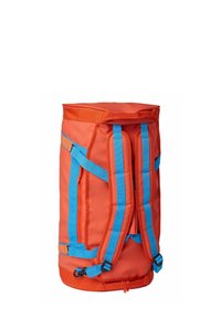 Sac à dos cylindrique orange avec des bretelles bleues, doté d'une poignée supérieure et de fermetures éclair sur les côtés. Tissu durable avec des bretelles d'épaule rembourrées.