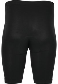 Zwarte fietsbroek gemaakt van rekbaar materiaal, met een gevoerde inzet, knielange pasvorm en een gladde, gestructureerde afwerking.