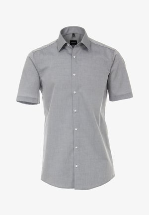 Pánská košile na knoflíky s krátkým rukávem svetle šedé barvy s klasickým límečkem a sedmi bílými knoflíky vpředu.