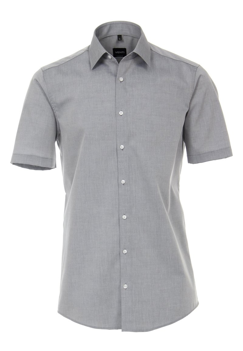 Pánská košile na knoflíky s krátkým rukávem svetle šedé barvy s klasickým límečkem a sedmi bílými knoflíky vpředu.