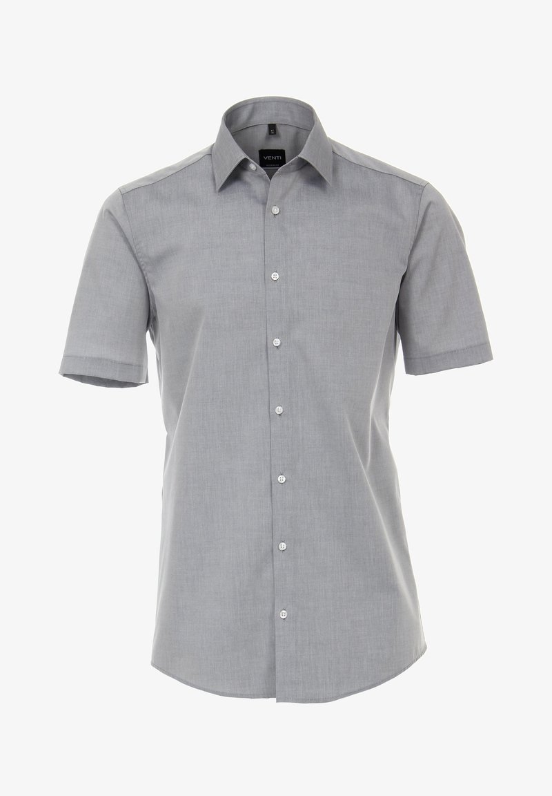 Pánská košile na knoflíky s krátkým rukávem svetle šedé barvy s klasickým límečkem a sedmi bílými knoflíky vpředu.