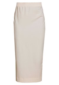Béžová tužková sukně z měkké látky, s elastickým pasem, délkou ke kolenům a hladkým povrchem bez viditelných vzorů.