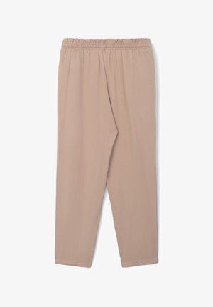 Pantalon beige clair, coupe décontractée avec une ceinture élastique. Texture lisse, design à jambes fuselées, sans motifs ni accents visibles.