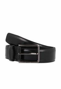 Cintura nera in pelle con finitura lucida, dotata di una fibbia rettangolare in metallo color argento e dettagli cuciti lungo il bordo.
