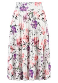 Gonna floreale realizzata in tessuto leggero, con sfondo bianco decorato da fiori viola e rosa, contorni neri e un design plissè.