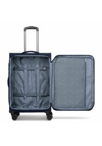Valigia navy con manico retrattile, ampio interno dotato di cinghie, scomparto con zip e ruote scorrevoli.