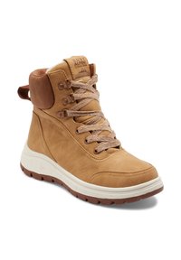 Braune Ankle Boots mit einem Wildleder-Obermaterial, Akzenten aus braunem Kunstleder, einer cremefarbenen Gummisohle, beigen Schnürsenkeln und einer Zuglasche an der Ferse.