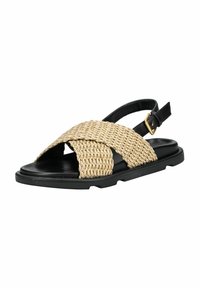 Gevlochten stro sandalen met zwarte leren accenten, open teen ontwerp en verstelbare enkelband. Geverfd geweven bovenwerk en flexibele zool.