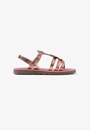 Sandalo metallico marrone con molteplici sottili cinturini, fibbia regolabile alla caviglia, soletta imbottita e suola in gomma antiscivolo.