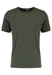 Olivenfarbene Kurzarm-T-Shirt mit horizontalen schwarzen Streifen, Rundhalsausschnitt, weichem Material und gestickten Saumdetails.
