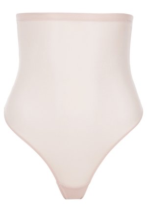 Shapewear beige taille haute avec une texture lisse et extensible. Présente une coupe string et des coutures minimales pour un look sans coutures.