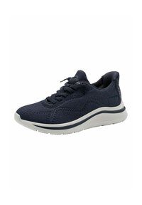 Marineblaue Strick-Sneaker mit strukturierter Optik, ausgestattet mit einer weißen Gummisohle und Schnürsenkeln. Runde Zehenpartie und gepolsterter Kragen für zusätzlichen Komfort.