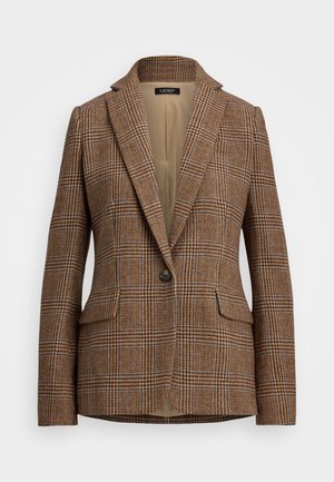 Brown plaid blazer with a notched lapel, button closure, and two front pockets. Textured fabric with subtle blue and cream lines.