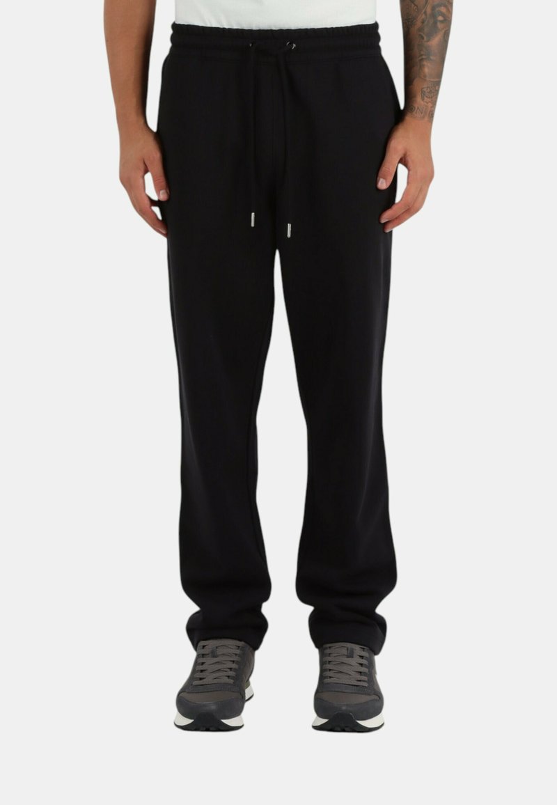 Pantaloni neri in felpa con fascia elastica in vita, coulisse regolabile e orli con bordo a costine. Realizzati in tessuto morbido, adatti per un abbigliamento casual.