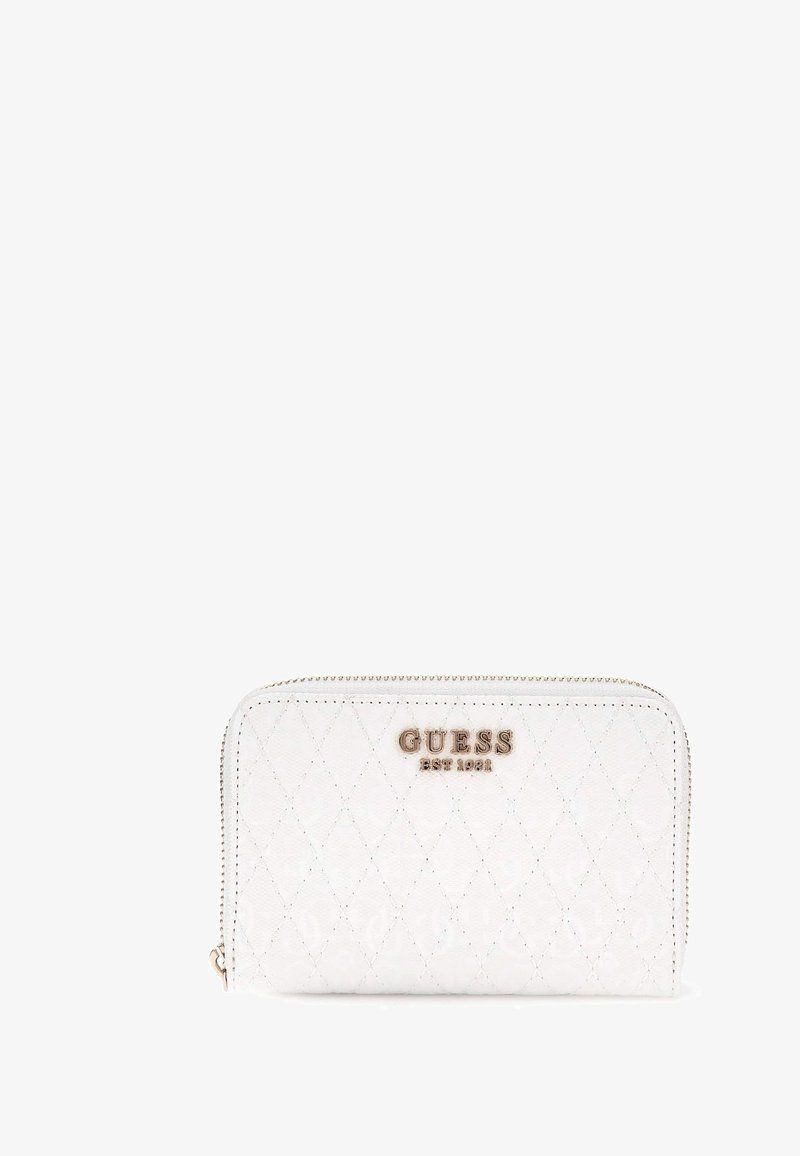 White quilted wallet with gold hardware, featuring embossed "GUESS EST. 1981" logo. Zipper closure and diamond pattern texture detail.