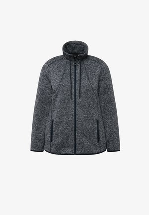 Kurtka polarowa w ciemnoszarym kolorze z wysokim kołnierzem, zapinana na zamek błyskawiczny, z dwoma bocznymi kieszeniami. Posiada teksturowany wygląd i kontrastowe granatowe akcenty.